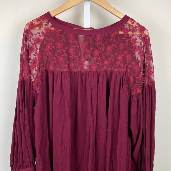 Andthewhy‎ Top Blouse Womens Small Maroon Red Lace Trim Balloon Sleeve Rayon - Picture 1 of 7
